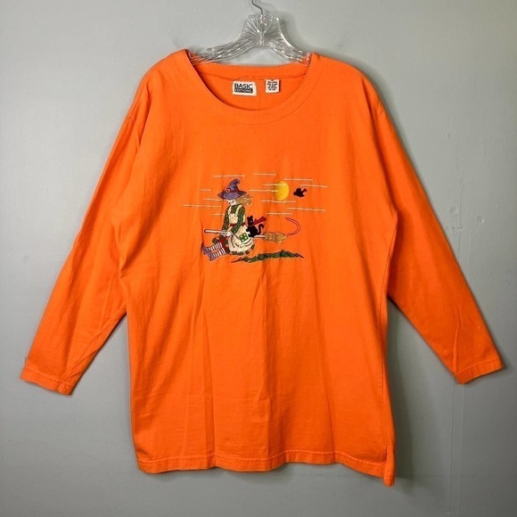 BASIC Editions Vintage 90s Halloween Witch Broom Cat Orange Long Sleeve Tee Sz M - Picture 1 of 16